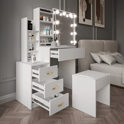 Hollywood Mirror Dressing Table with Storage, Drawers Vanity Makeup Desk
