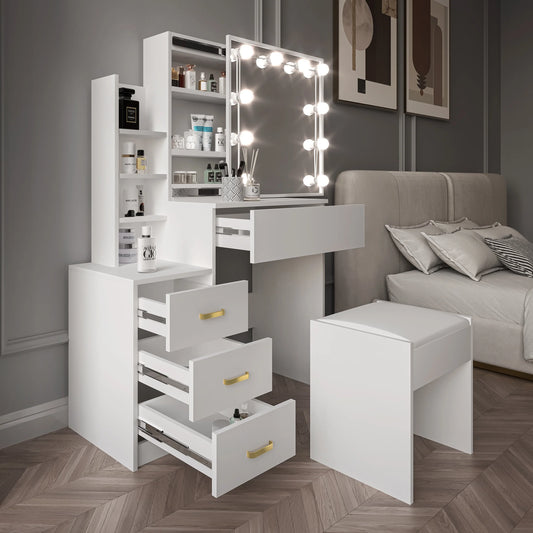 Hollywood Mirror Dressing Table with Storage, Drawers Vanity Makeup Desk
