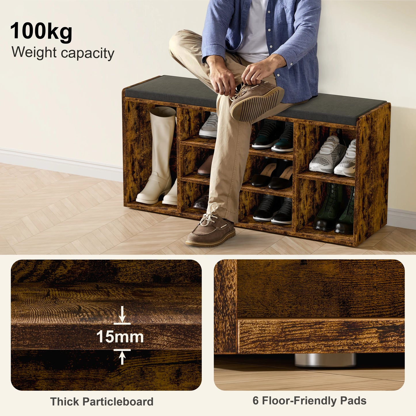 Hallway Shoe Storage Bench With Cushion & Adjustable Shelves