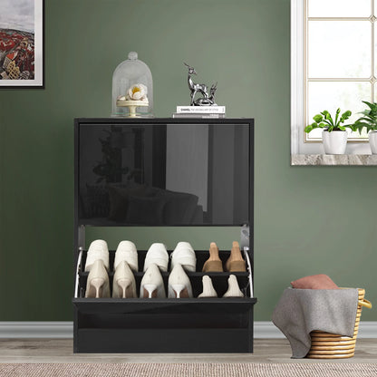 High Gloss 2 Door Shoe Cabinet | Slim Shoe Storage Unit