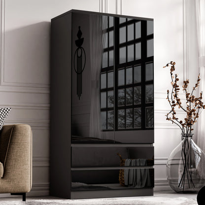 High Gloss 2 Door Wardrobe With Drawers And Hanging Space