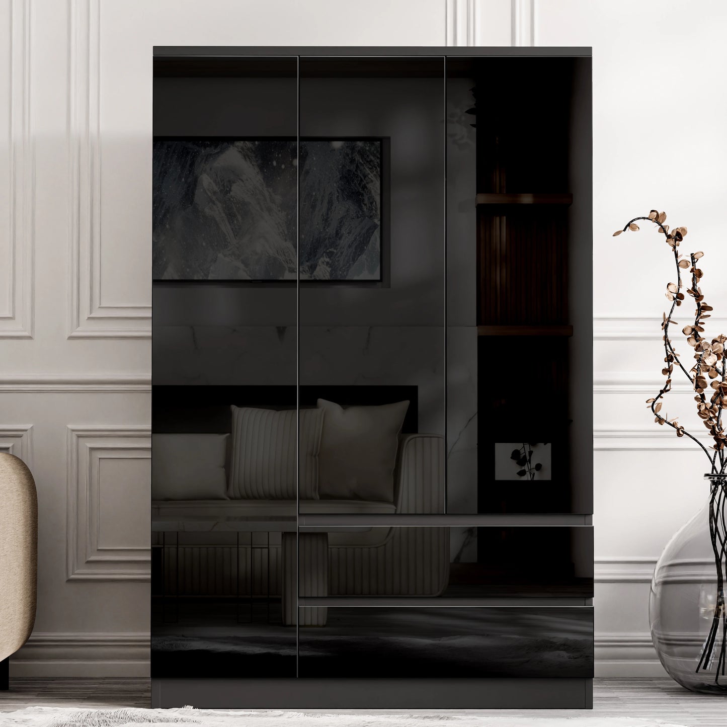 High Gloss 3 Door Wardrobe With Drawers And Shelves