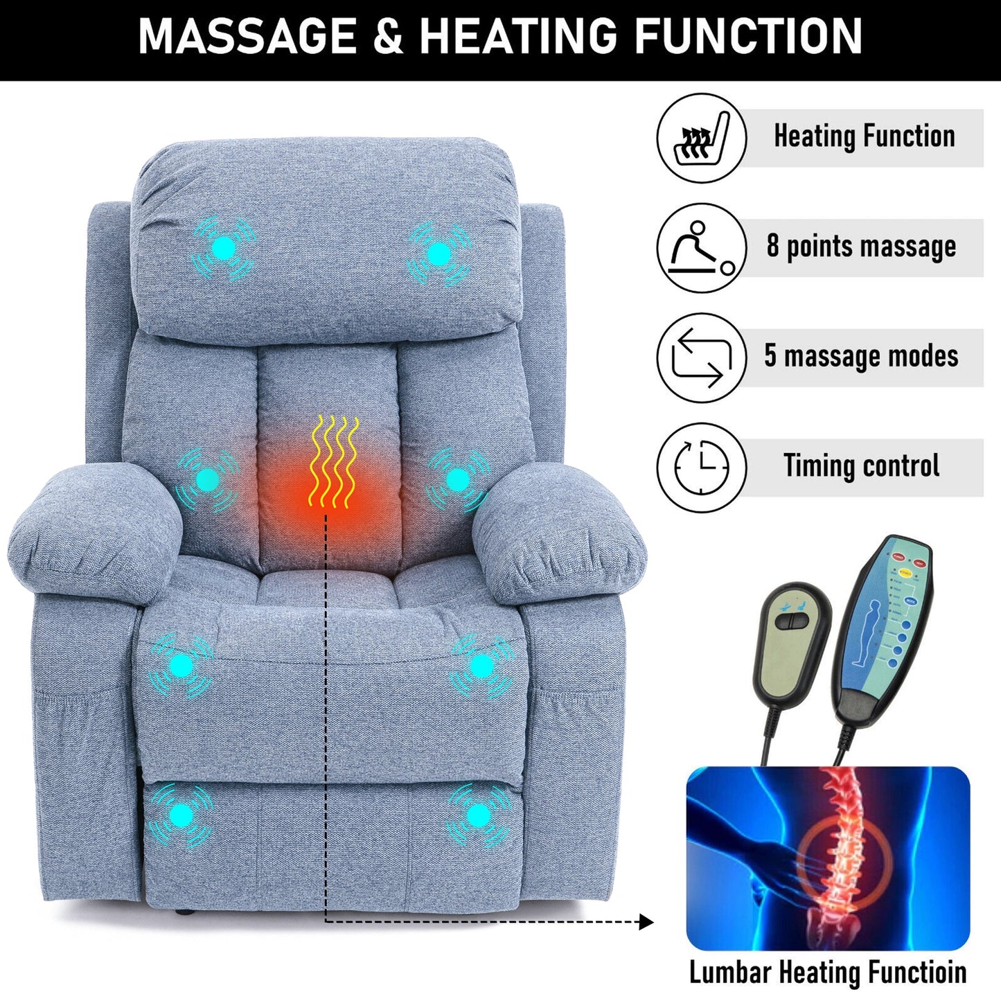Fabric Recliner Chair With Heat And Massage - Armchair