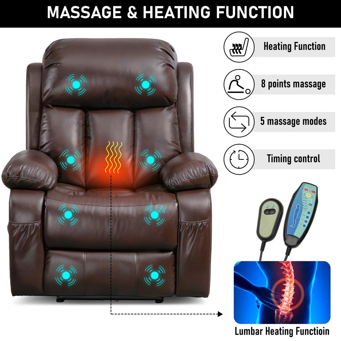 Electric Recliner Chair With Heat & Massage For Elderly - PU Leather