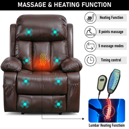 Electric Recliner Chair With Heat & Massage For Elderly - PU Leather