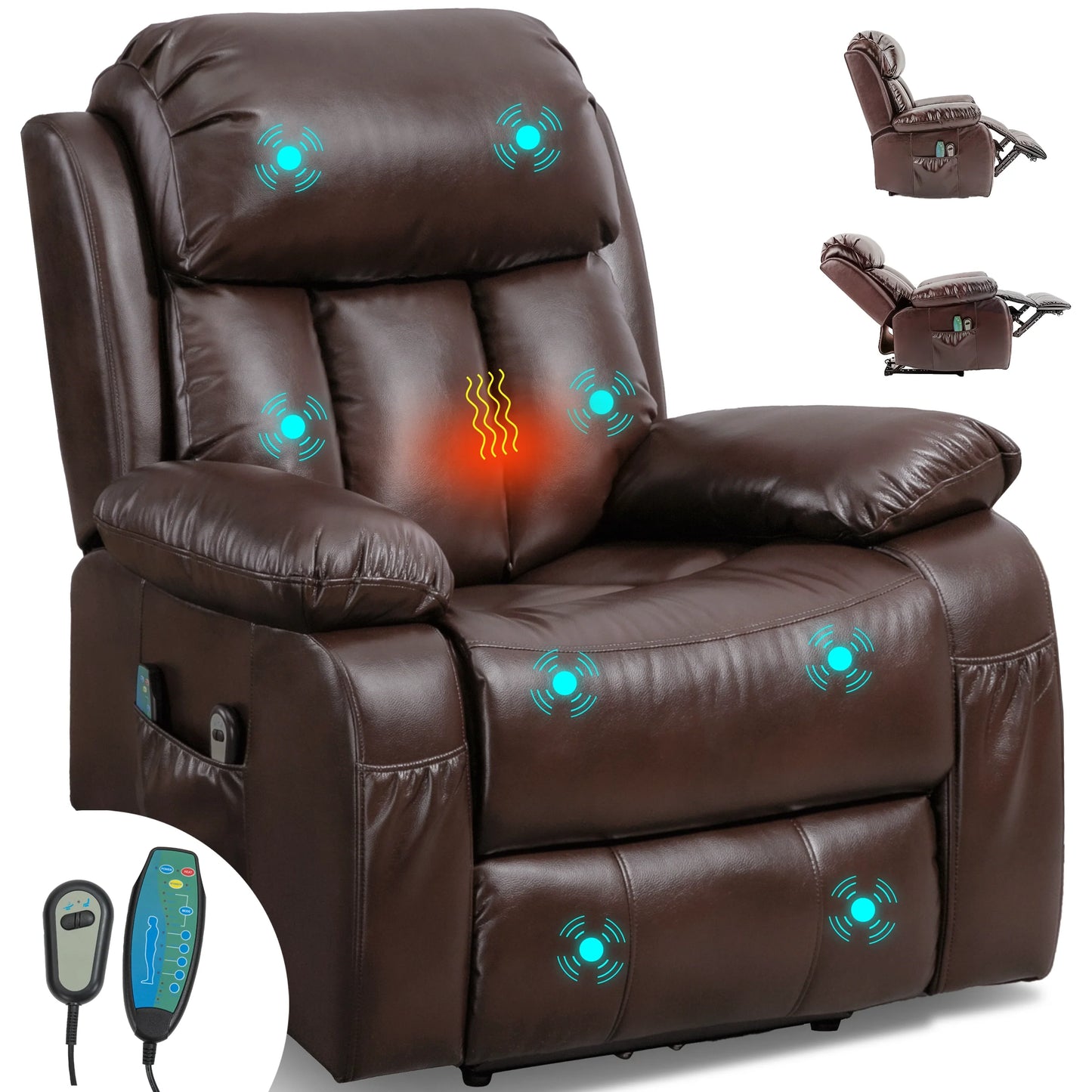 Electric Recliner Chair With Heat & Massage For Elderly - PU Leather
