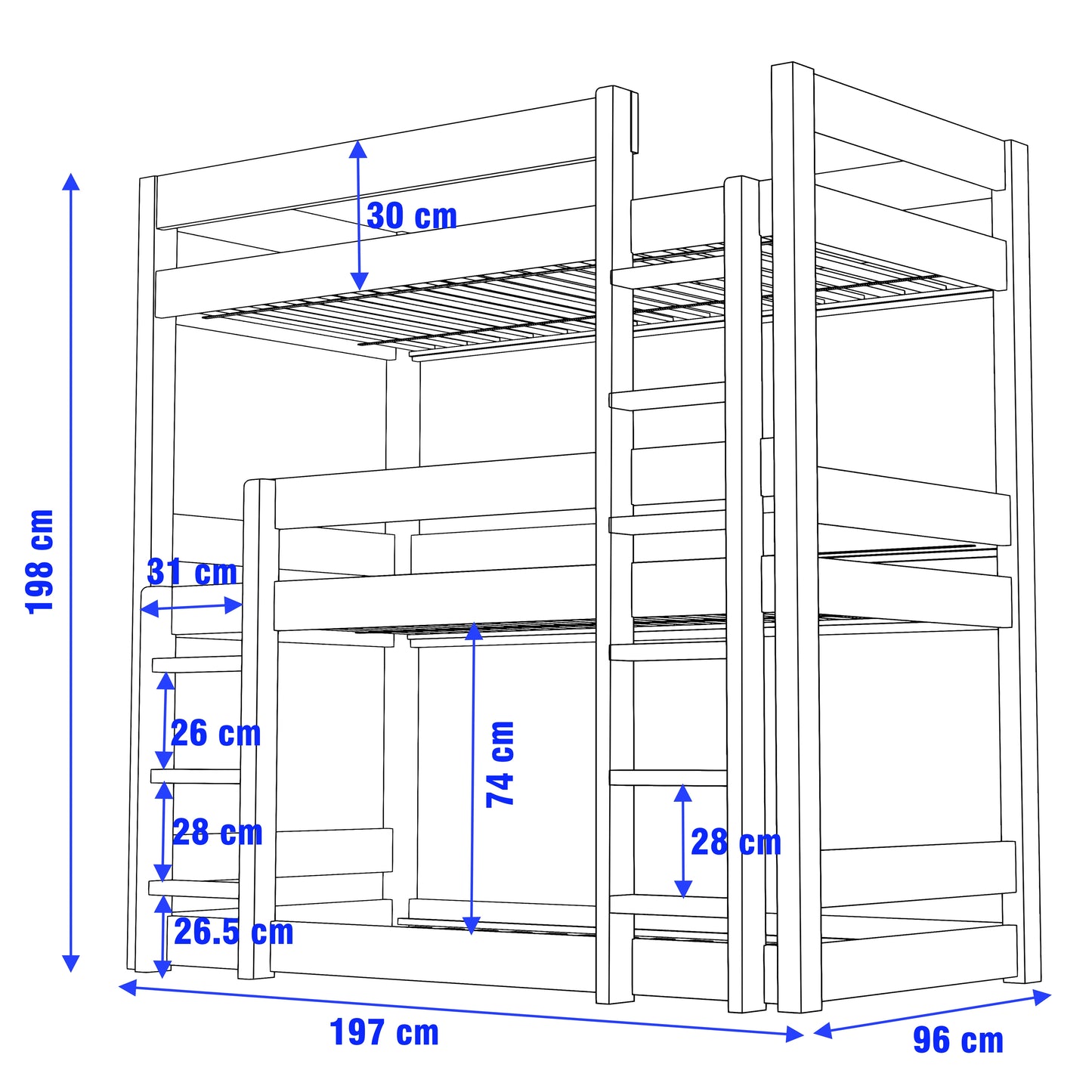 Wooden High Sleeper Triple Bunk Bed