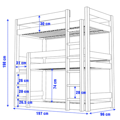 Wooden High Sleeper Triple Bunk Bed