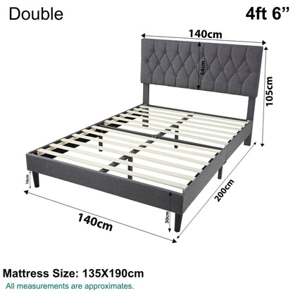 Chesterfield Bed Frame - Luxurious Grey Linen Upholstery, Adjustable Headboard