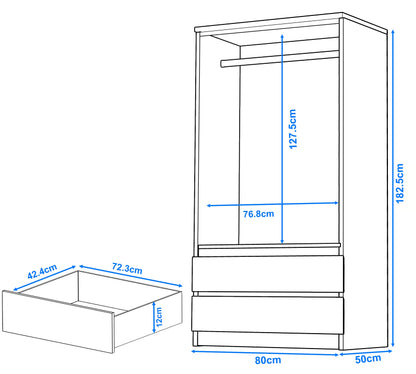 High Gloss 2 Door Wardrobe With Drawers And Hanging Space