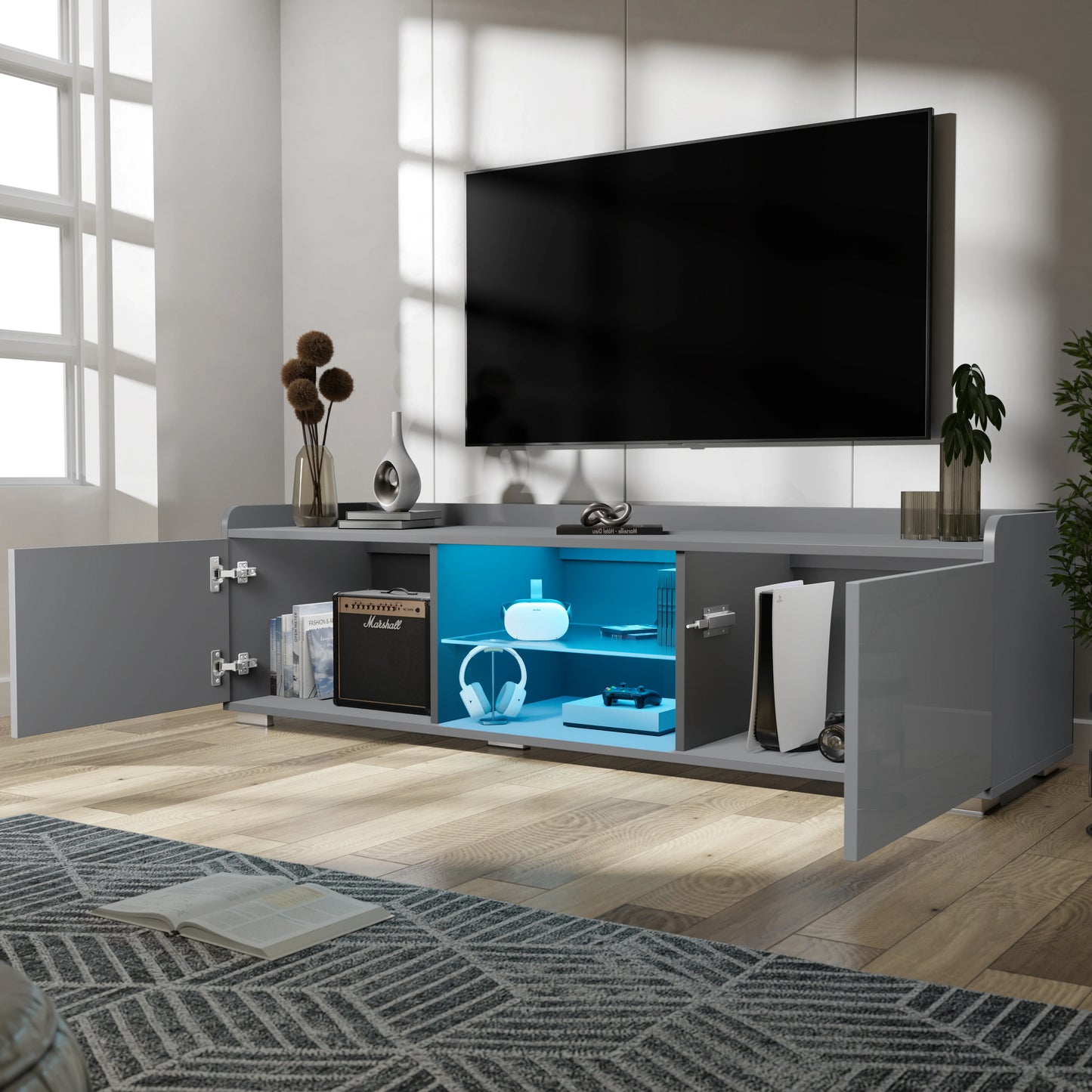 High Gloss LED TV Unit with Storage - Living Room TV Cabinet 140cm