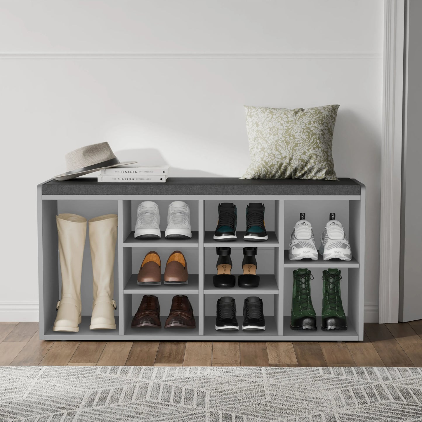 Hallway Shoe Storage Bench With Cushion & Adjustable Shelves