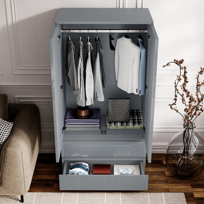 High Gloss 2 Door Wardrobe With Drawers And Hanging Space