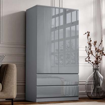 High Gloss 2 Door Wardrobe With Drawers And Hanging Space
