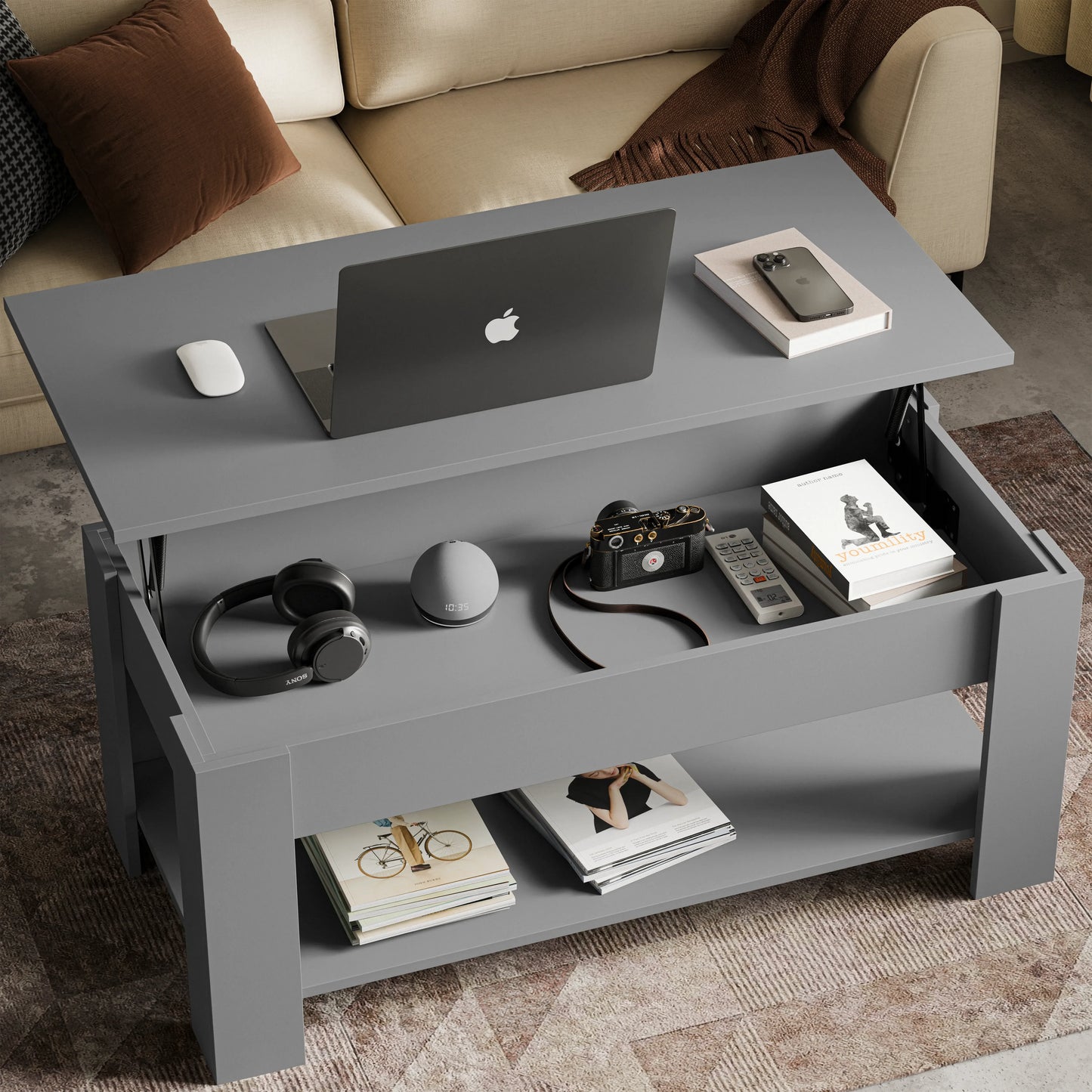Lift top Coffee Table with Storage - Lift up Living Room Table 100cm