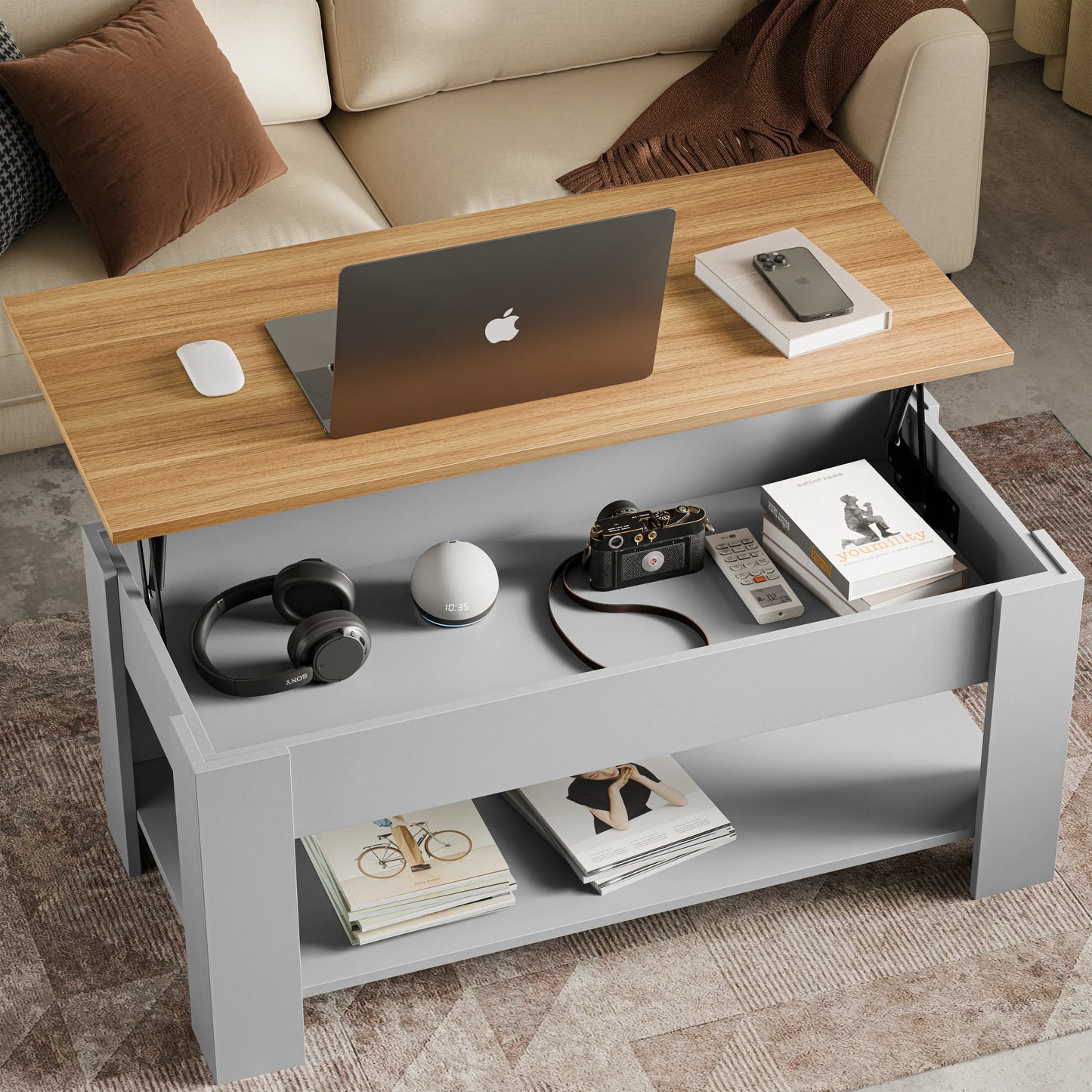 Lift top Coffee Table with Storage - Lift up Living Room Table 100cm