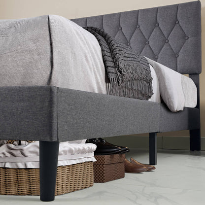 Chesterfield Bed Frame - Luxurious Grey Linen Upholstery, Adjustable Headboard