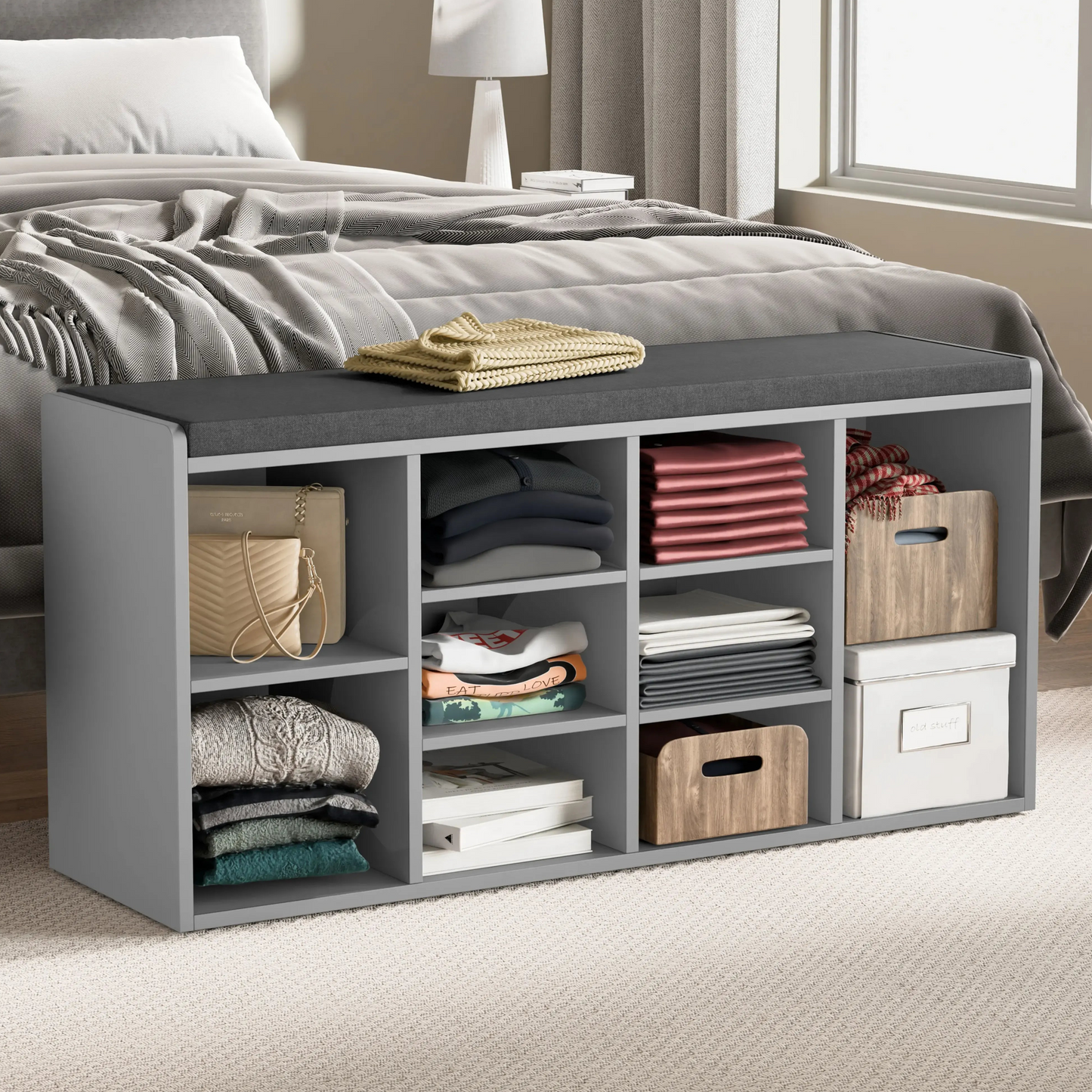 Hallway Shoe Storage Bench With Cushion & Adjustable Shelves