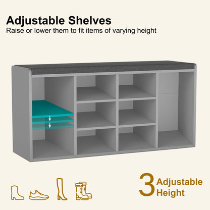 Hallway Shoe Storage Bench With Cushion & Adjustable Shelves