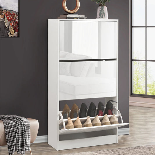 High Gloss 3 Door Shoe Cabinet | Slim Shoe Storage