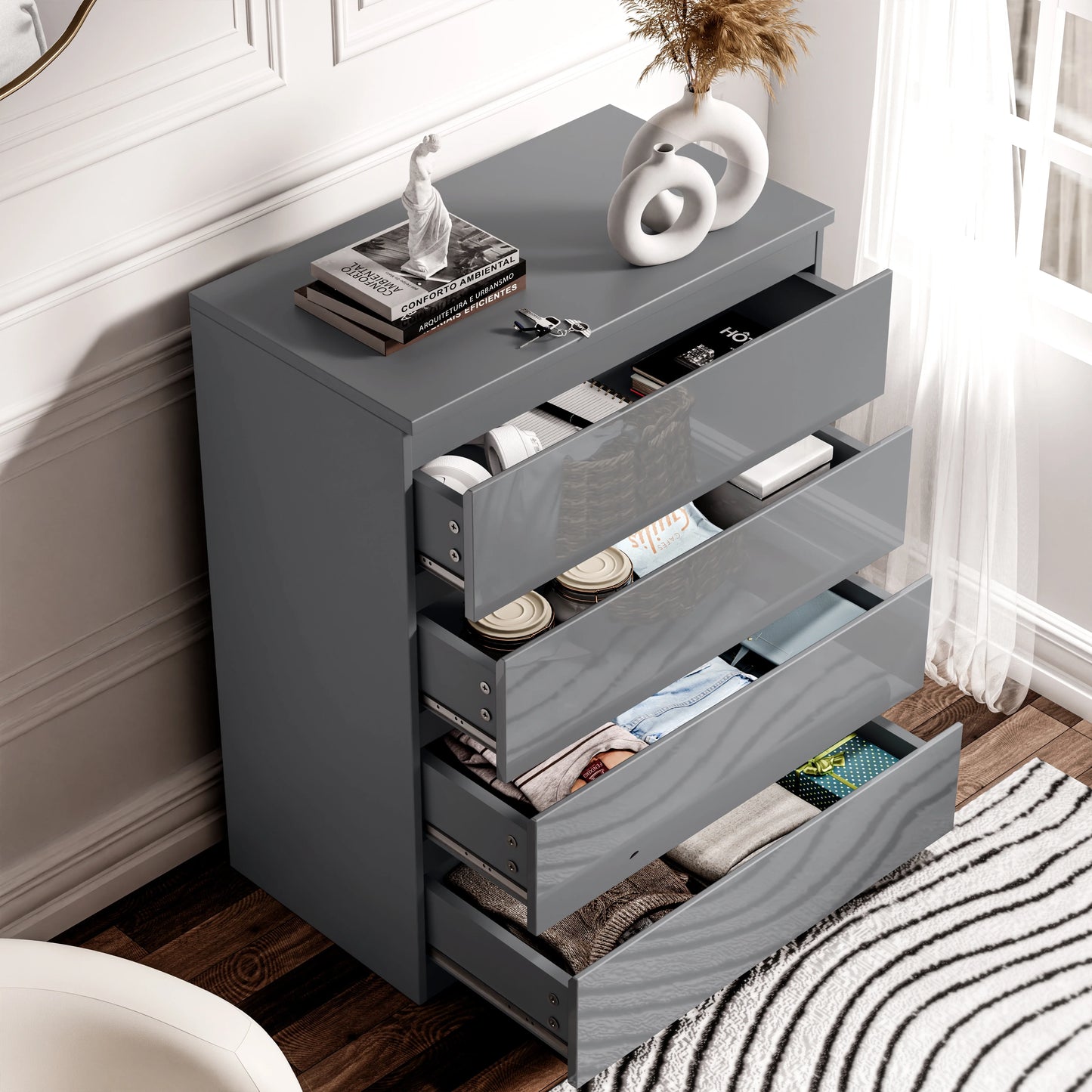 High Gloss 4 Drawer Chest of Drawers - Bedroom Drawers