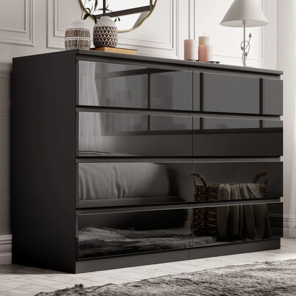 High Gloss Wide 8 Drawer Chest of Drawers - Bedroom Dresser