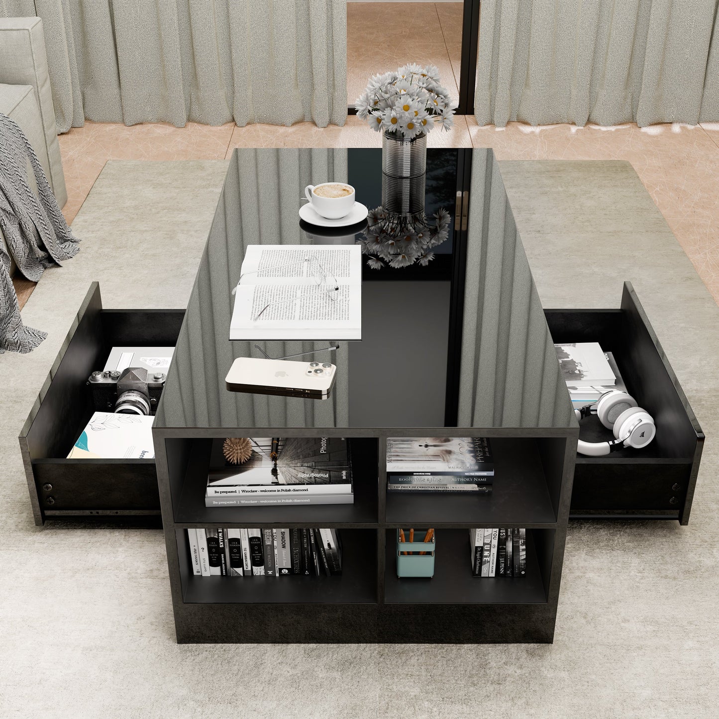 High Gloss Coffee Table with Storage Drawers & LED Lights
