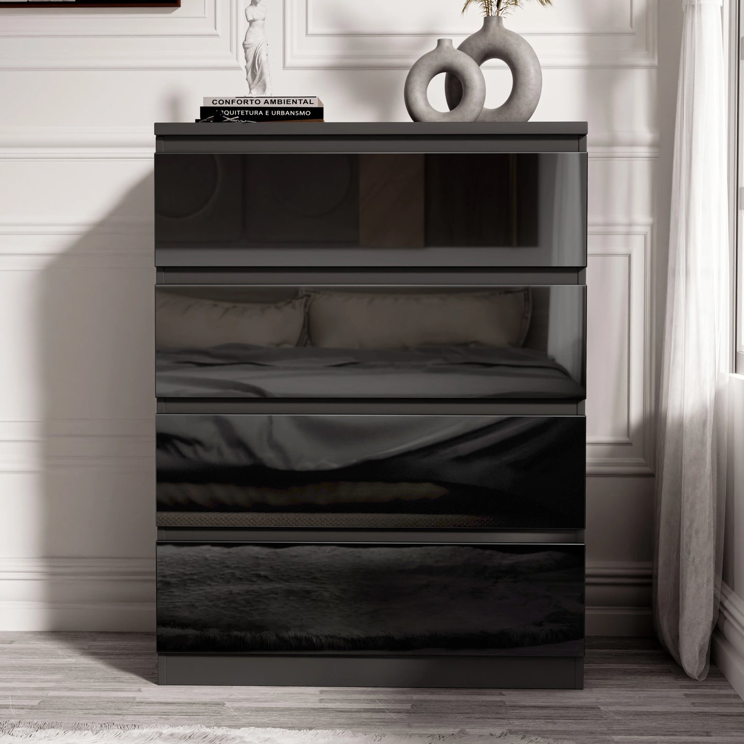 High Gloss 4 Drawer Chest of Drawers - Bedroom Drawers