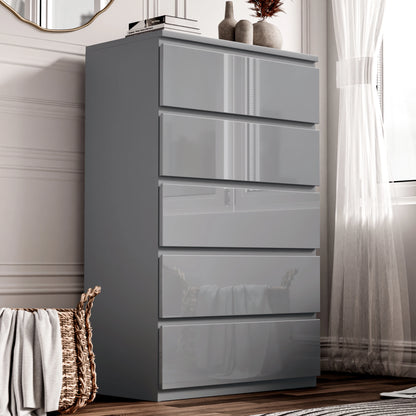 High Gloss Tall Chest of Drawers - 5 Drawer Chest Bedroom Drawers