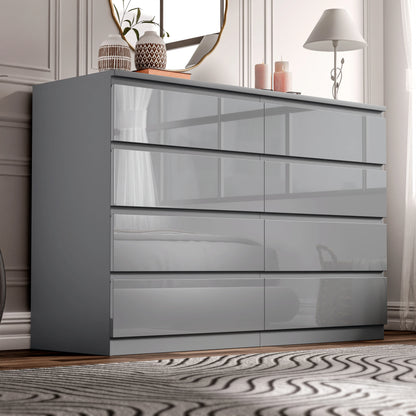 High Gloss Wide 8 Drawer Chest of Drawers - Bedroom Dresser