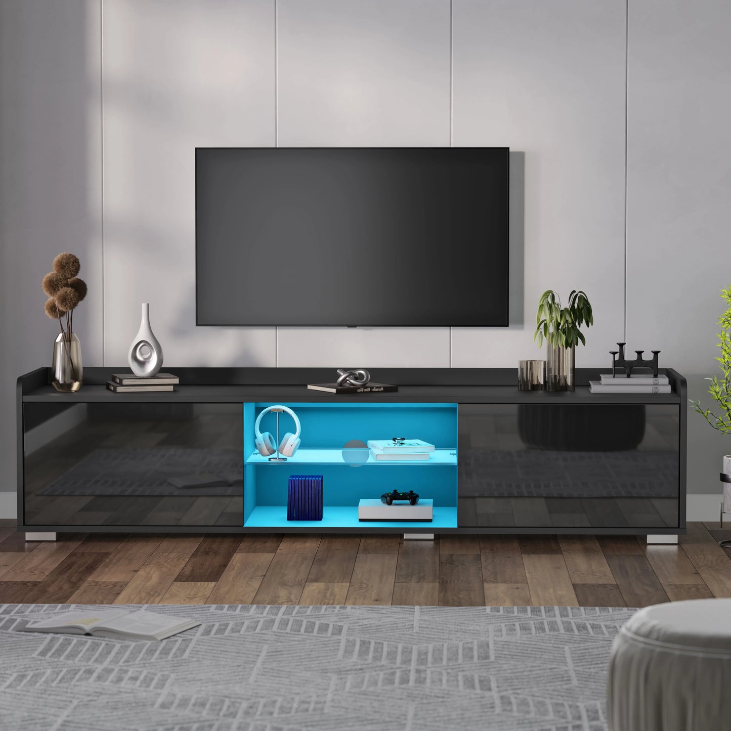High Gloss LED TV Unit with Storage - Living Room TV Cabinet 140cm