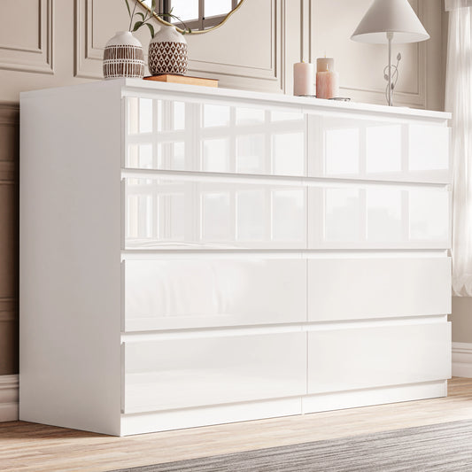 High Gloss Wide 8 Drawer Chest of Drawers - Bedroom Dresser