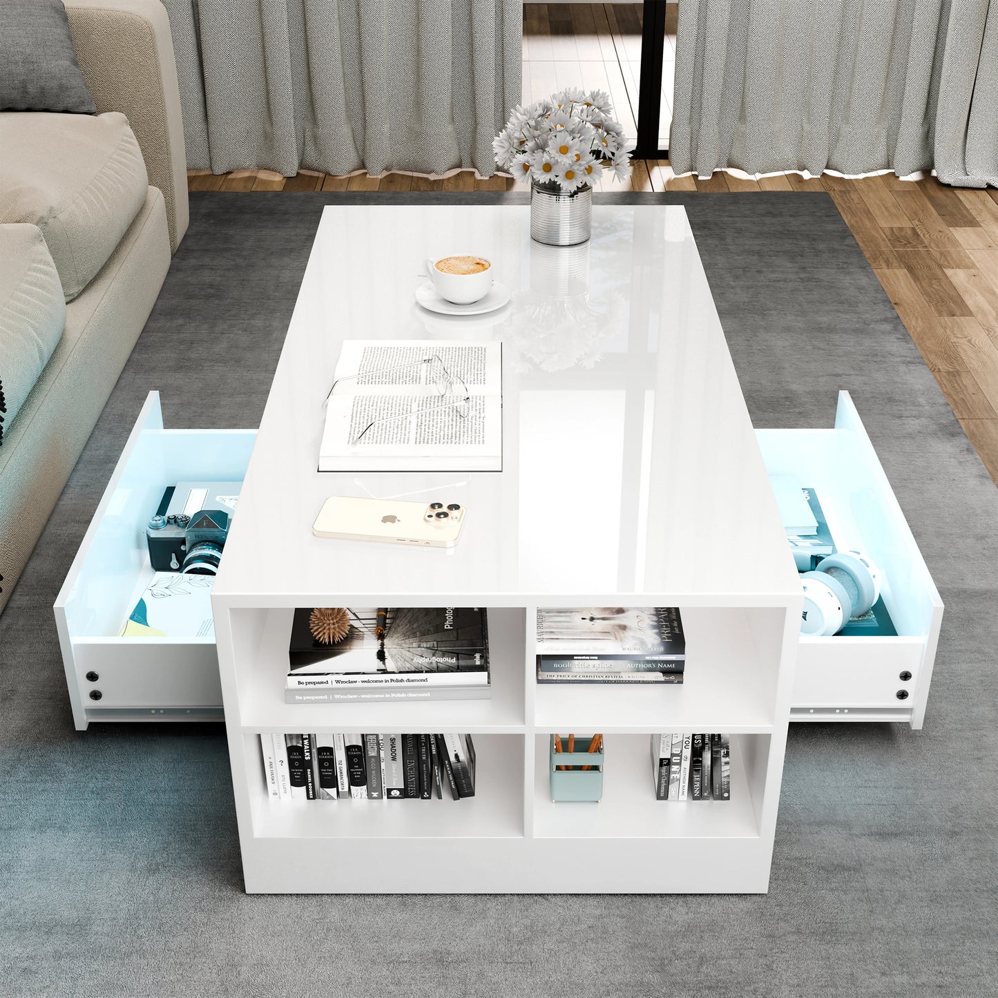 High Gloss Coffee Table with Storage Drawers & LED Lights
