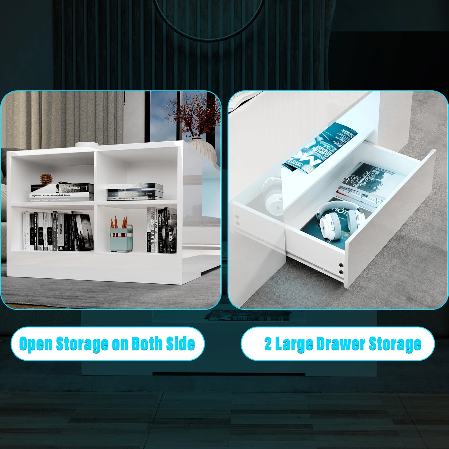 High Gloss Coffee Table with Storage Drawers & LED Lights