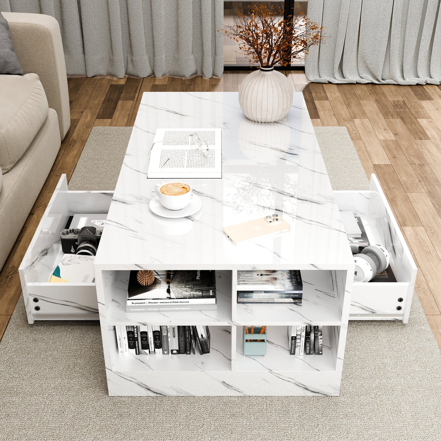 High Gloss Coffee Table with Storage Drawers & LED Lights