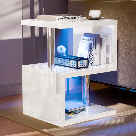 Small Sofa Side Table with Storage & LED - High Gloss End Table