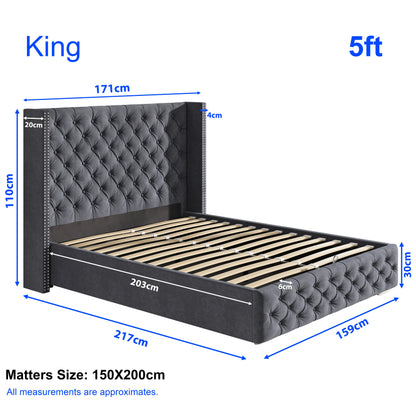 Cross Pattern Velvet Ottoman Storage Bed - Winged Bed Frame