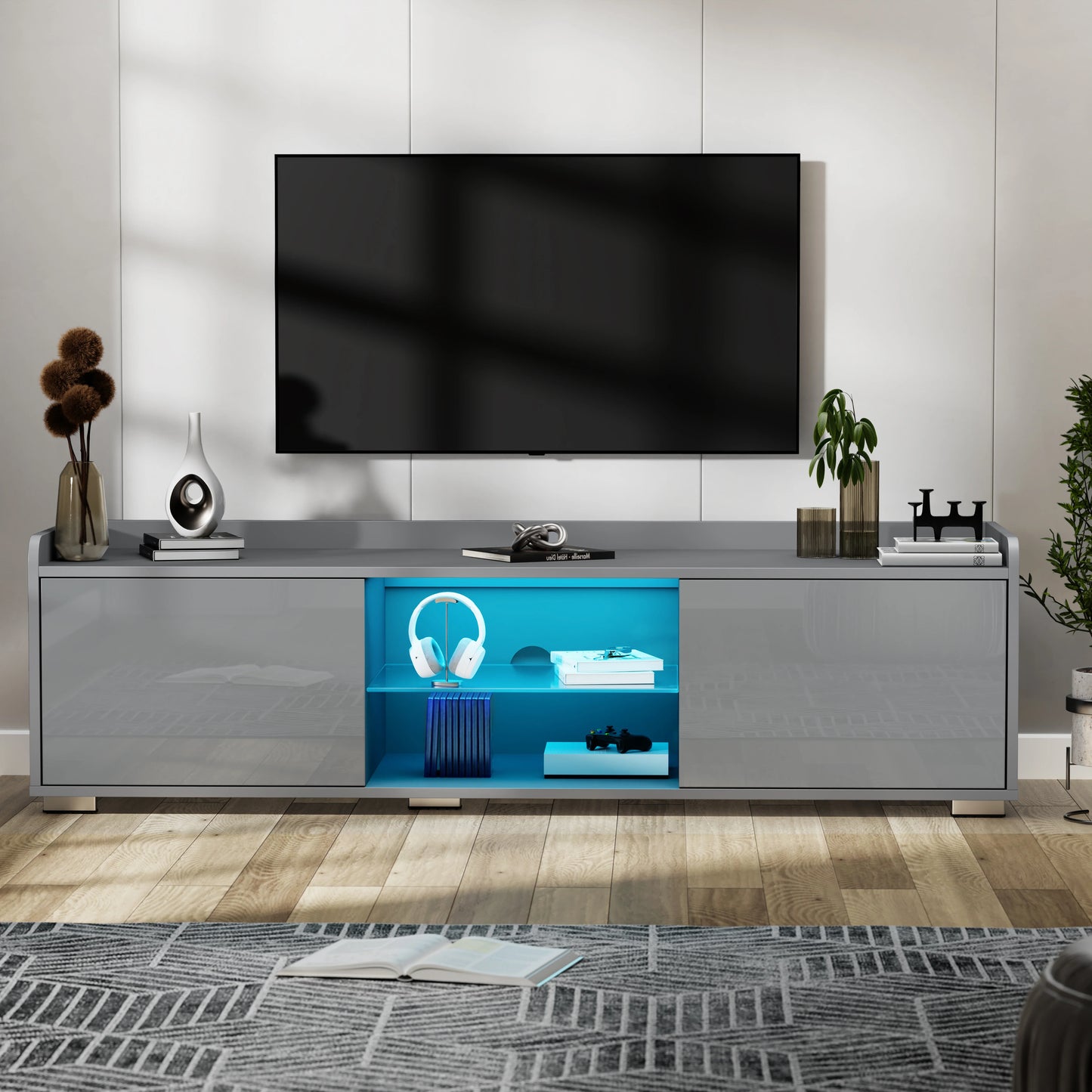 High Gloss LED TV Unit with Storage - Living Room TV Cabinet 140cm