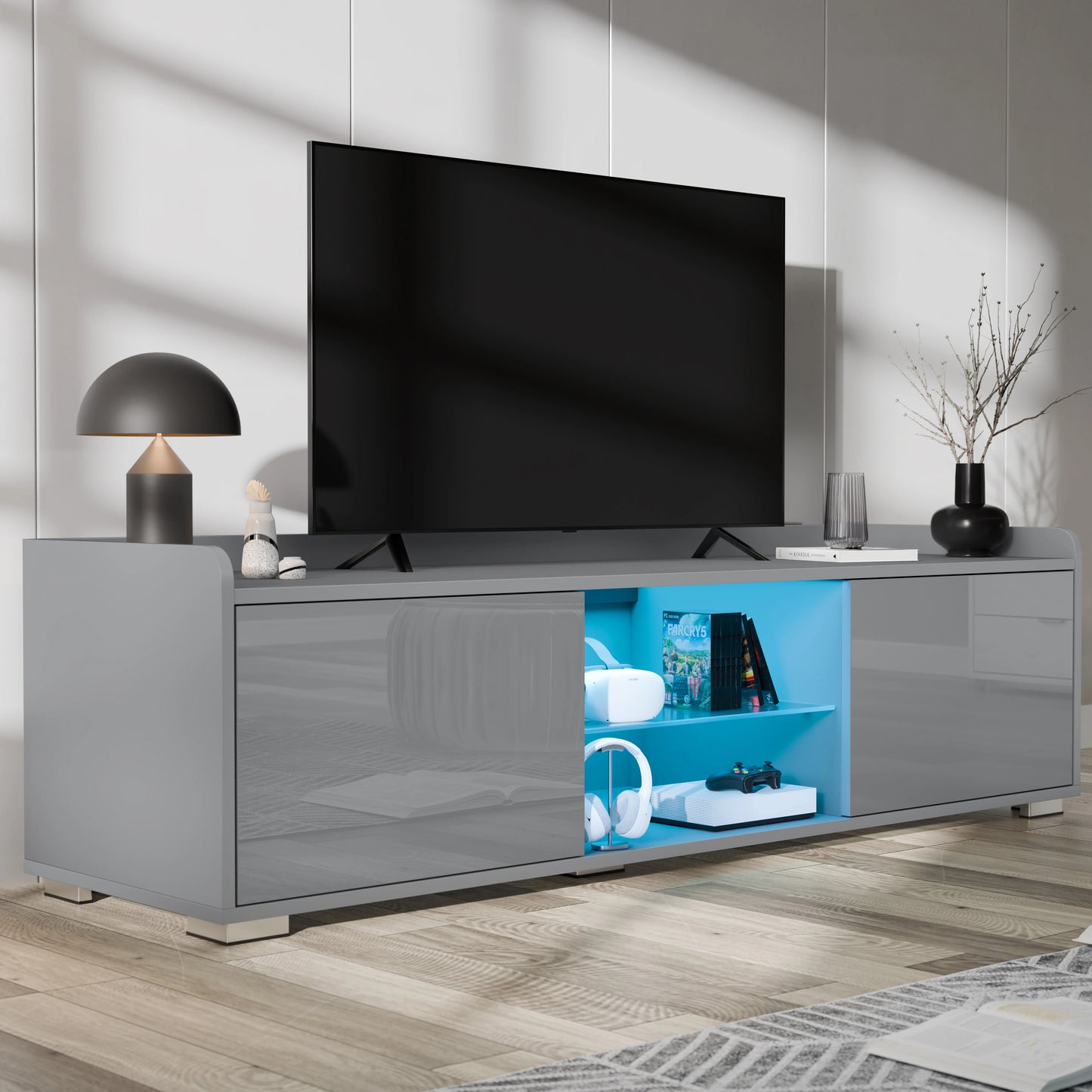 High Gloss LED TV Unit with Storage - Living Room TV Cabinet 140cm