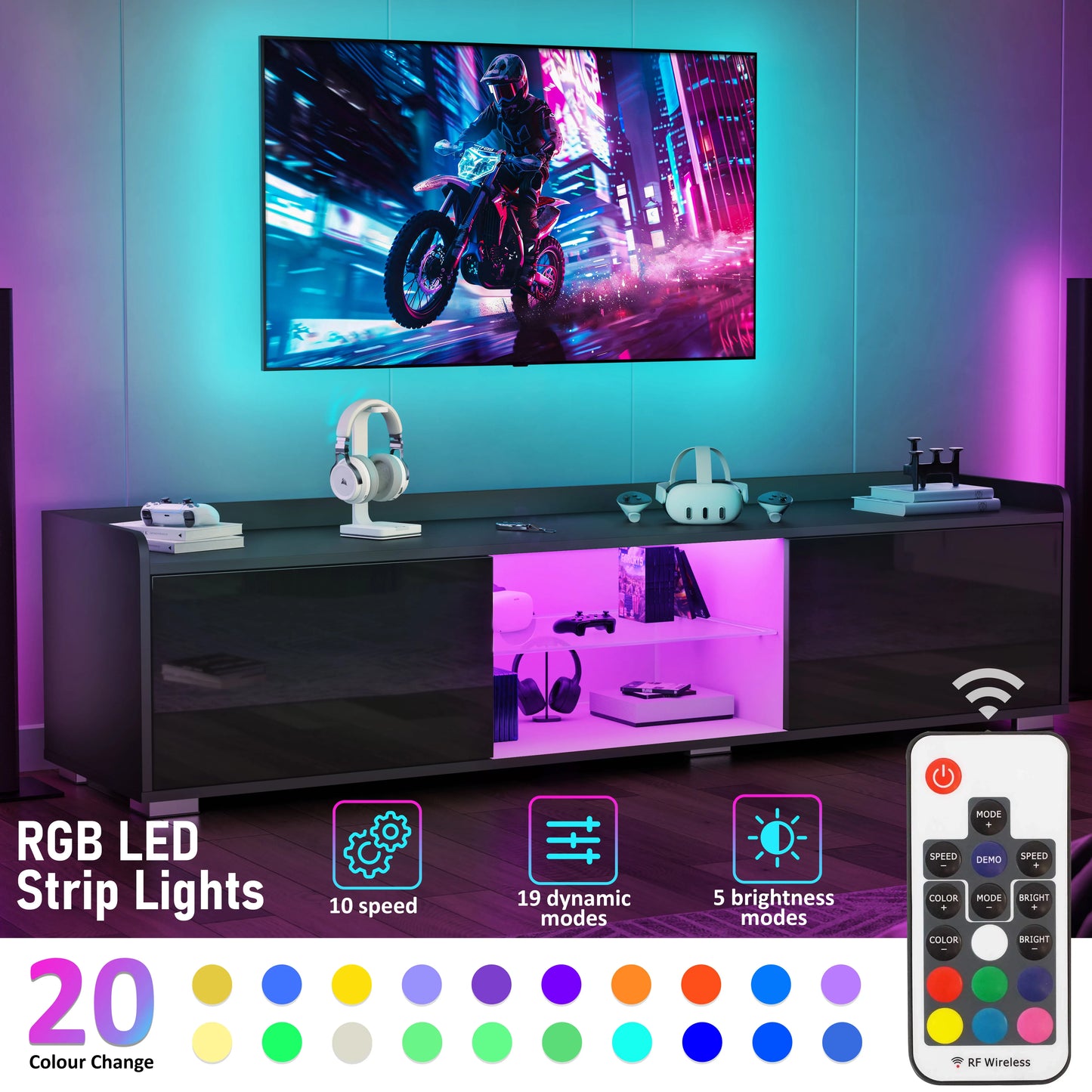 High Gloss TV Unit With LED Lights & 2 Door Storage Cabinets - 160cm