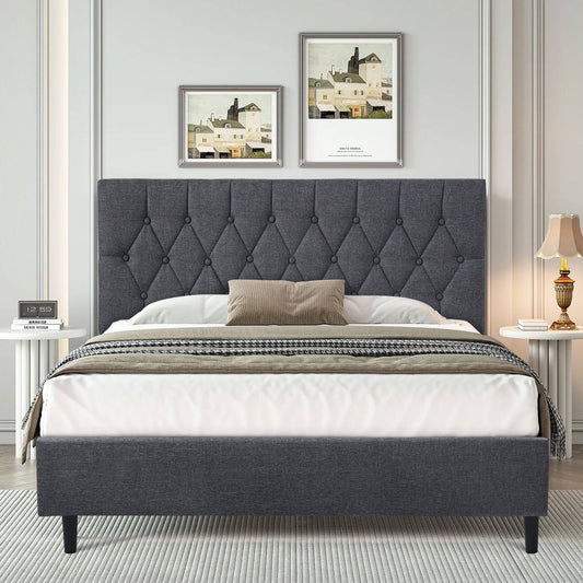 Chesterfield Bed Frame - Luxurious Grey Linen Upholstery, Adjustable Headboard