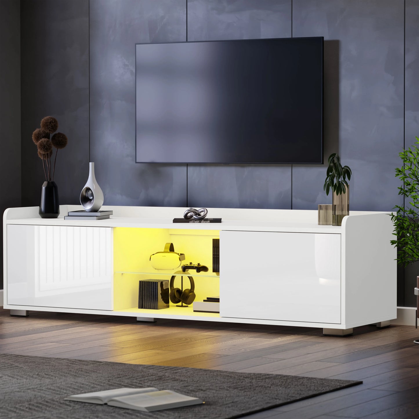High Gloss LED TV Unit with Storage - Living Room TV Cabinet 140cm