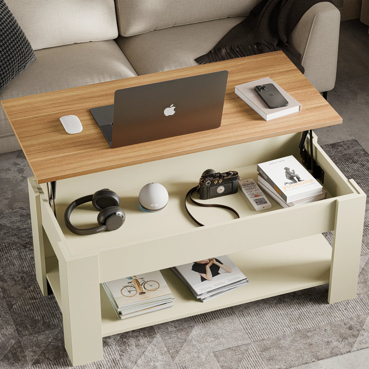 Lift top Coffee Table with Storage - Lift up Living Room Table 100cm