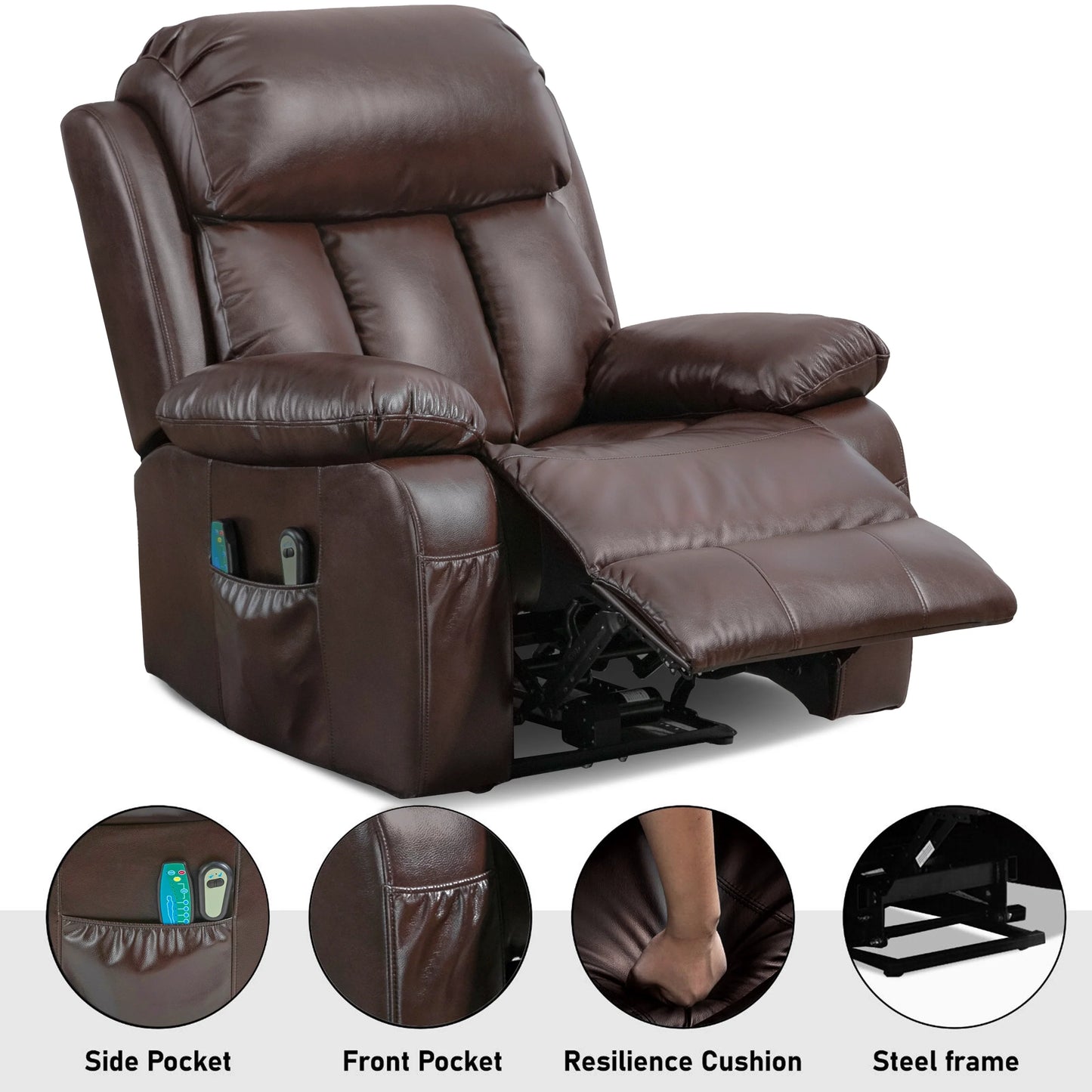 Electric Recliner Chair With Heat & Massage For Elderly - PU Leather