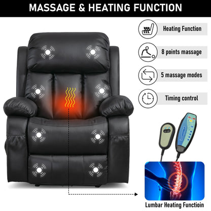 Electric Recliner Chair With Heat & Massage For Elderly - PU Leather