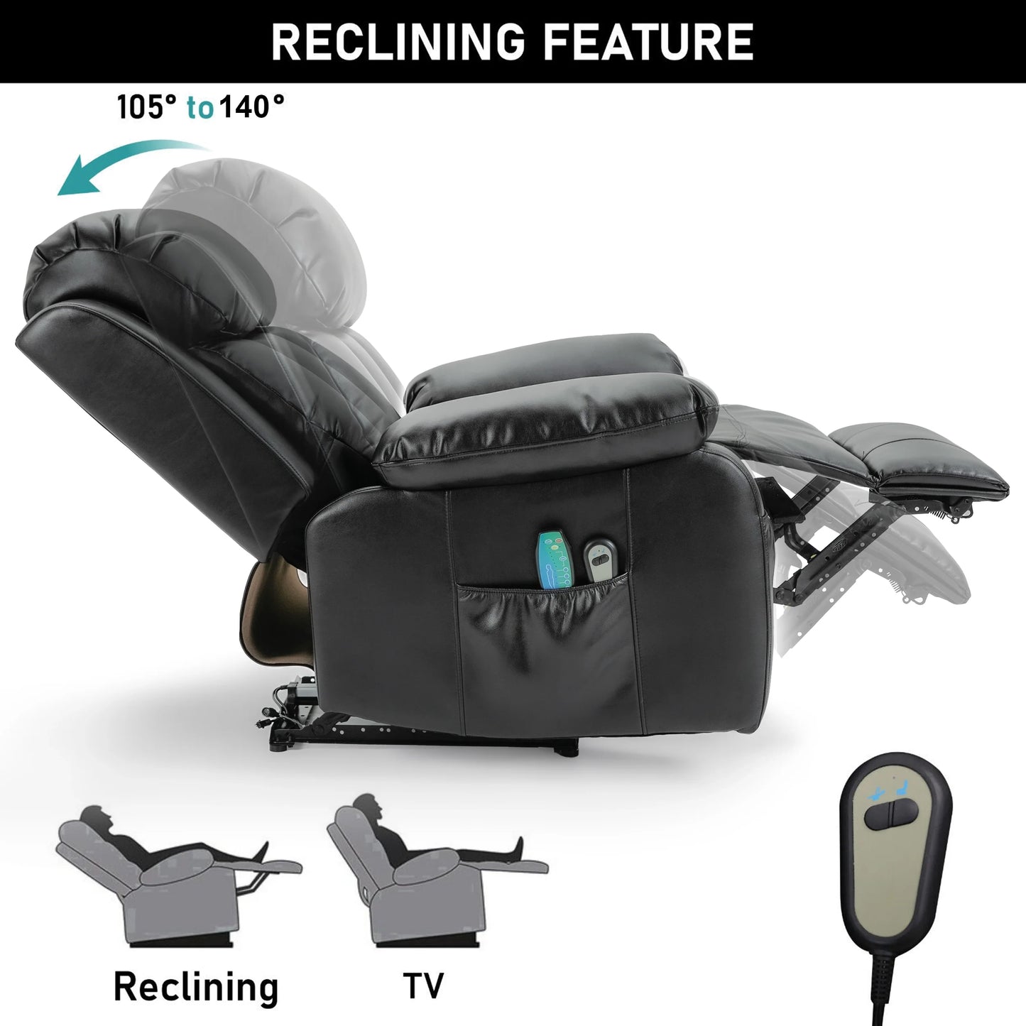 Electric Recliner Chair With Heat & Massage For Elderly - PU Leather