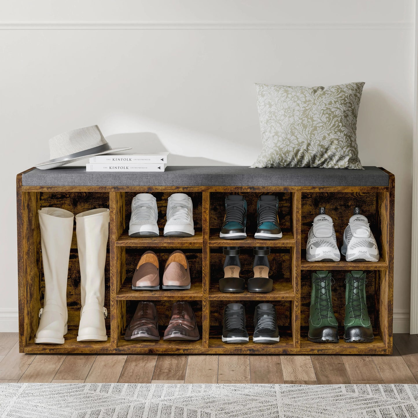 Hallway Shoe Storage Bench With Cushion & Adjustable Shelves