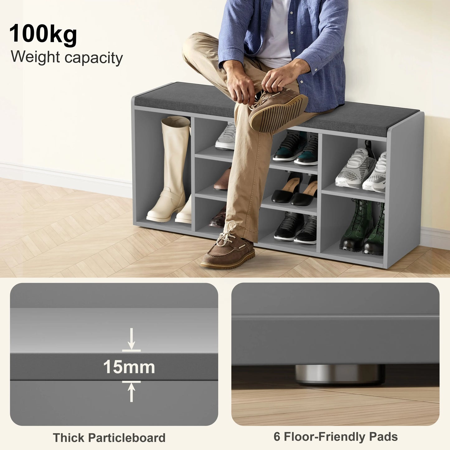 Hallway Shoe Storage Bench With Cushion & Adjustable Shelves