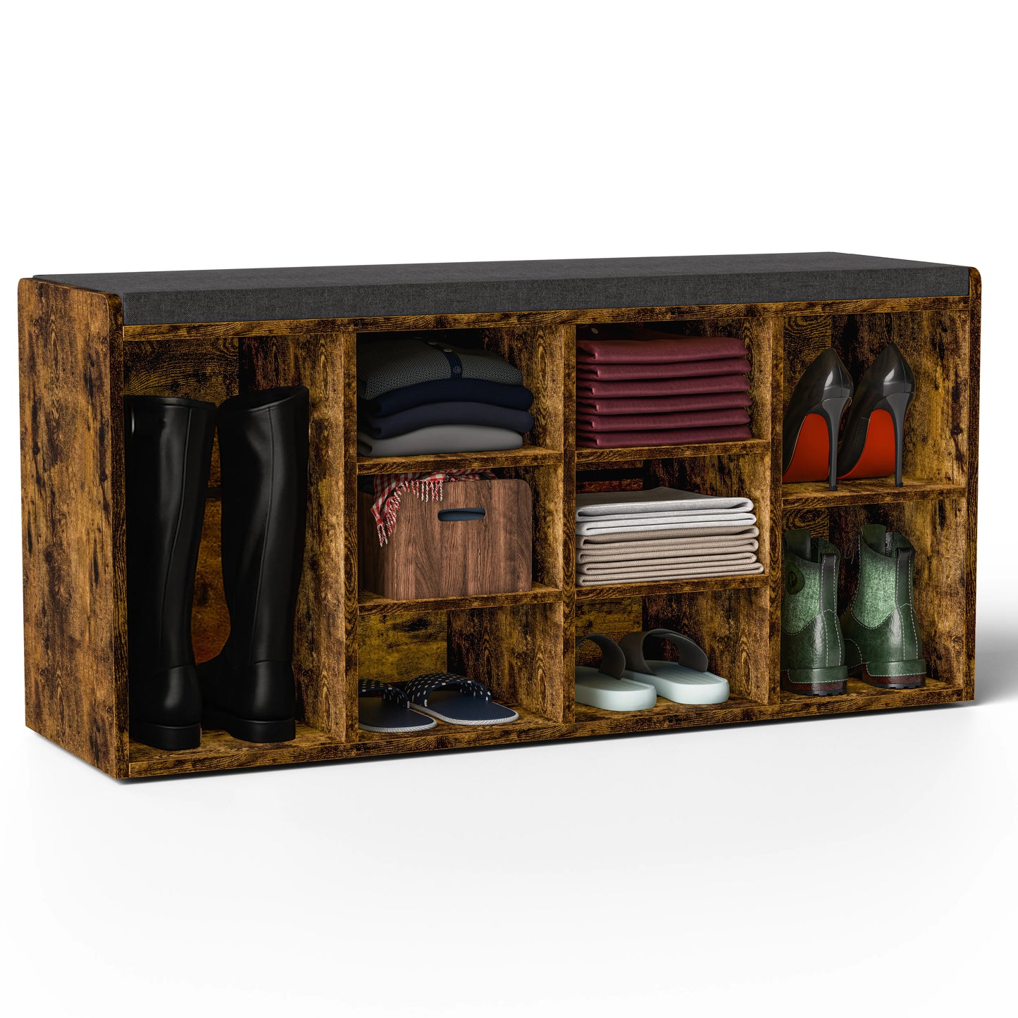 Hallway Shoe Storage Bench With Cushion & Adjustable Shelves