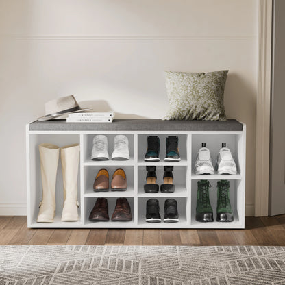 Hallway Shoe Storage Bench With Cushion & Adjustable Shelves